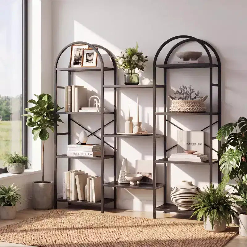Libreria a triplo arco, scaffale aperto indipendente a 4 livelli con struttura in metallo, scaffale espositivo industriale per soggiorno, ufficio domestico