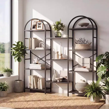 Libreria a triplo arco, scaffale aperto indipendente a 4 livelli con struttura in metallo, scaffale espositivo industriale per soggiorno, ufficio domestico