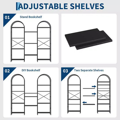 Libreria a triplo arco, scaffale aperto indipendente a 4 livelli con struttura in metallo, scaffale espositivo industriale per soggiorno, ufficio domestico