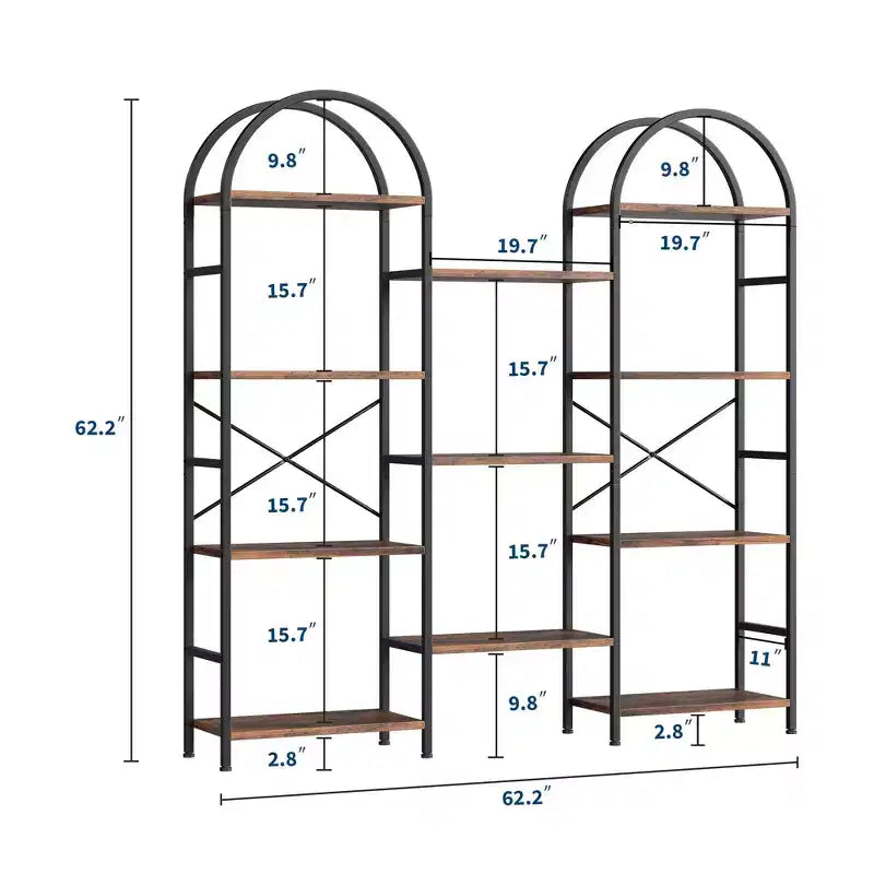 Libreria a triplo arco, scaffale aperto indipendente a 4 livelli con struttura in metallo, scaffale espositivo industriale per soggiorno, ufficio domestico
