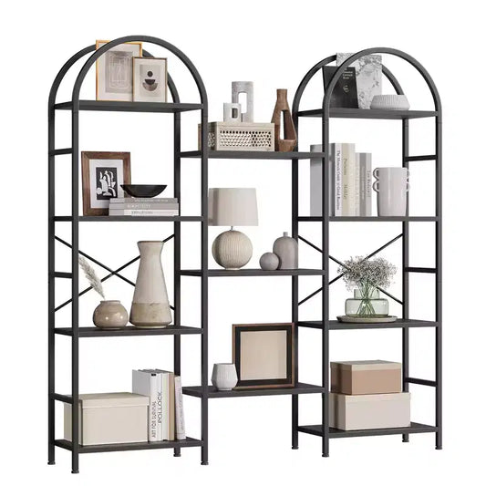 Triple Arched Bookshelf, 4 Tier Freestanding Open Bookcase with Metal Frame, Industrial Display Storage Shelf for Living Room, Home Office