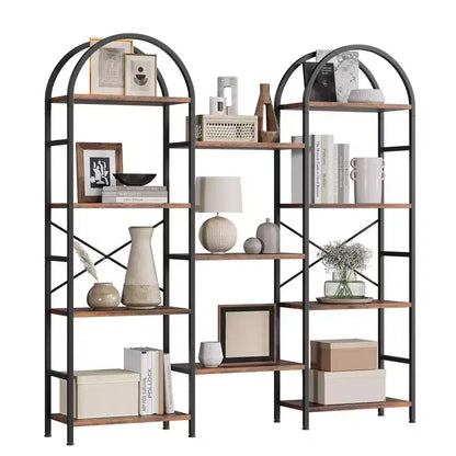 Libreria a triplo arco, scaffale aperto indipendente a 4 livelli con struttura in metallo, scaffale espositivo industriale per soggiorno, ufficio domestico