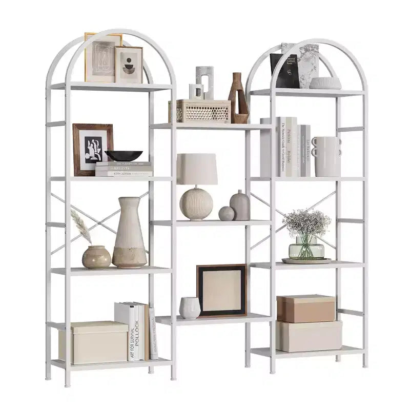 Libreria a triplo arco, scaffale aperto indipendente a 4 livelli con struttura in metallo, scaffale espositivo industriale per soggiorno, ufficio domestico