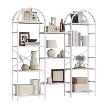 Libreria a triplo arco, scaffale aperto indipendente a 4 livelli con struttura in metallo, scaffale espositivo industriale per soggiorno, ufficio domestico