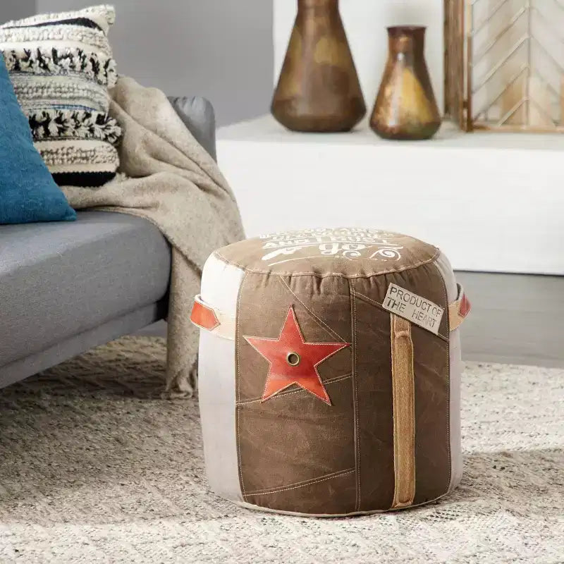 Olivia & May Canvas Pouf with Star Motif Brown: Rustic Unupholstered Round Ottoman, No Assembly Required