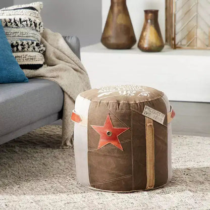Olivia & May Canvas Pouf with Star Motif Brown: Rustic Unupholstered Round Ottoman, No Assembly Required